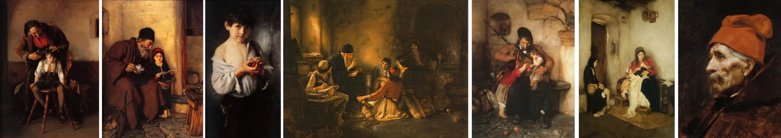 Paintings by Nicholas Gyzis, note the use of red. Left to right:  The Barbe r (1880),  First Learning  (1868),  Boy with Cherries  (1888),  The Secret School  (1885),  Grandfather of Two  (date unknown),  The Stepmother  (1883),  Old Man Wearing a Red Fez  (date unknown)